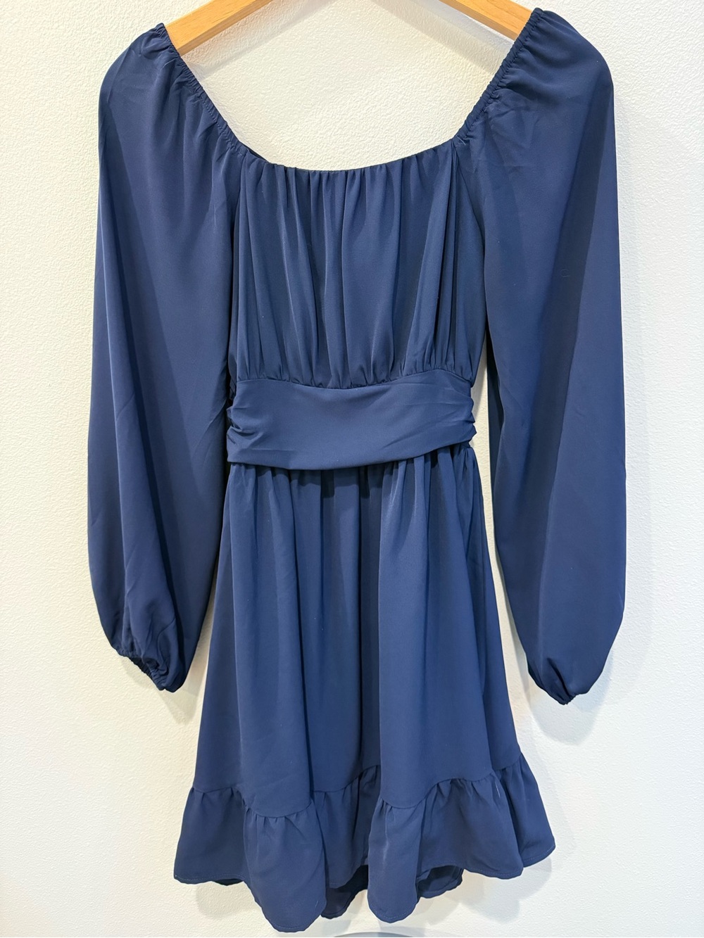 Amazon Navy Square-Neck Long Sleeve Ruffle-Hem Dress